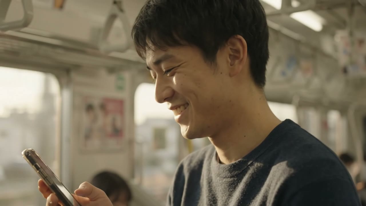 電車の中でスマホの動画を見て笑う若者